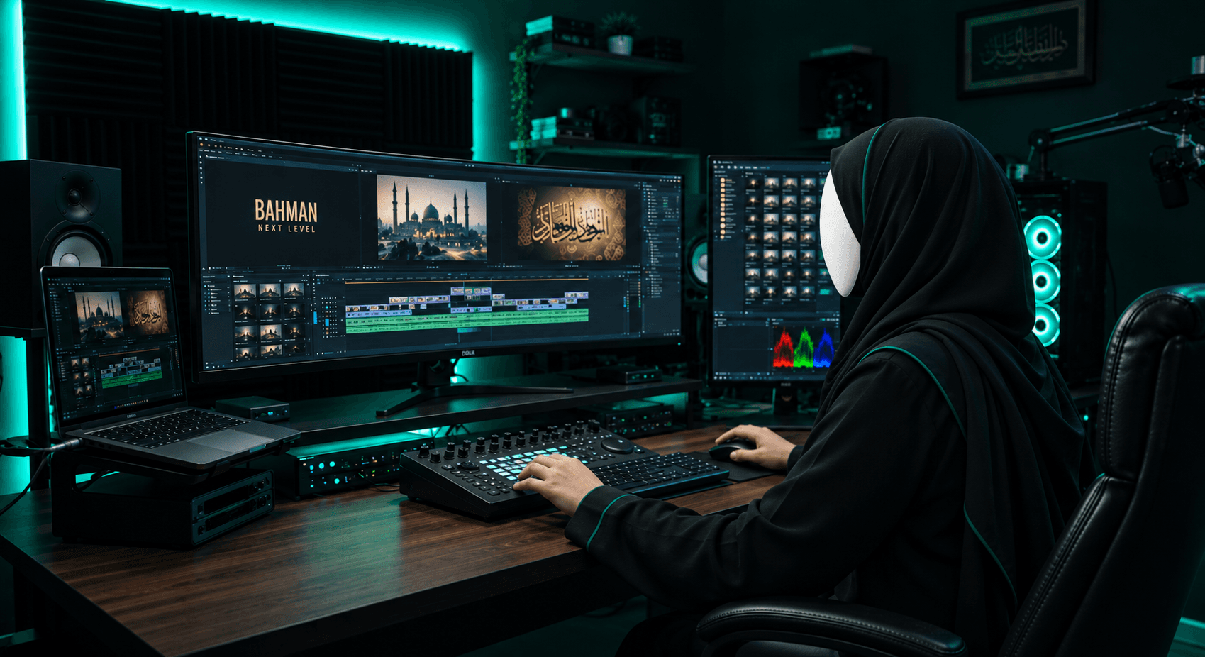 Professional video editing suite with timeline software and emerald accent lighting